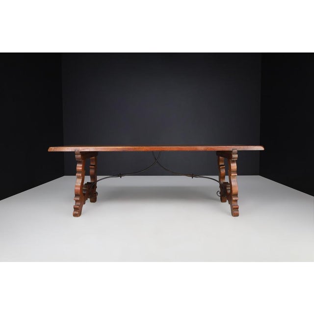 Baroque Antique Spanish Baroque Style Refectory Table with Carved Legs and Iron Stretcher, 1900s For Sale - Image 3 of 15