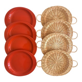 Vintage Mid Century Modern Orange Enamel Oval Metal Plates & Hand Woven Rattan Plate Holders - Set of 8 For Sale