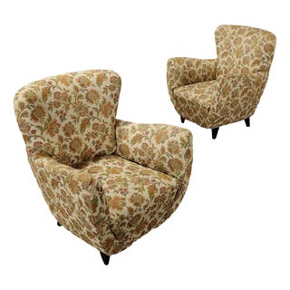 Vintage Armchairs in Jacquard Fabric and Wood, Italy, 1950s, Set of 2 For Sale