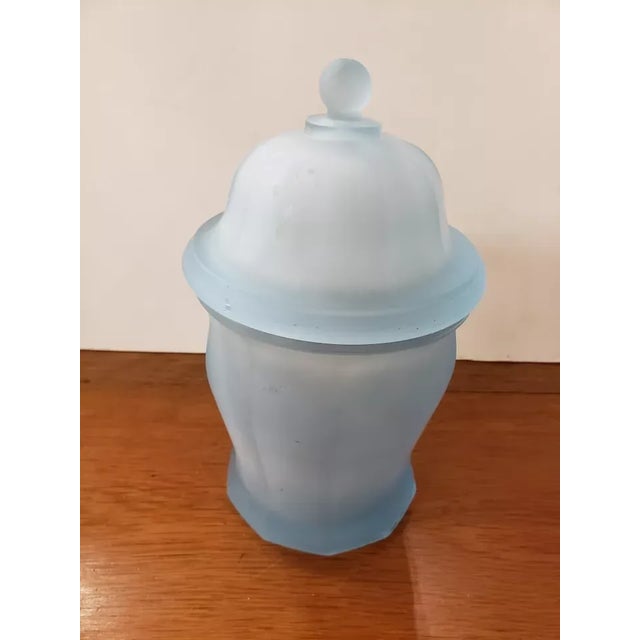 American Vintage Indiana Glass Satin Frosted Baby Blue Glass Apothecary Lidded Ginger Jar For Sale - Image 3 of 7