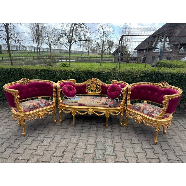 1970 French Louis XVI Gold Beech Velvet Sofa Set 3pc For Sale - Image 18 of 18
