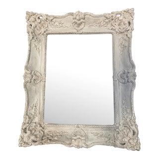 Mid 20th Century White Wash Carved Wood Frame Made in Belgium Flemish Mirror For Sale