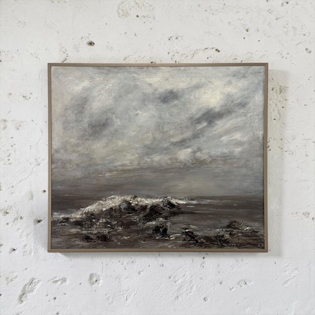 An oil on canvas seascape by Francine Kerckx, a quiet meditation on the sea and the sky. A vast, clouded sky fills most of...