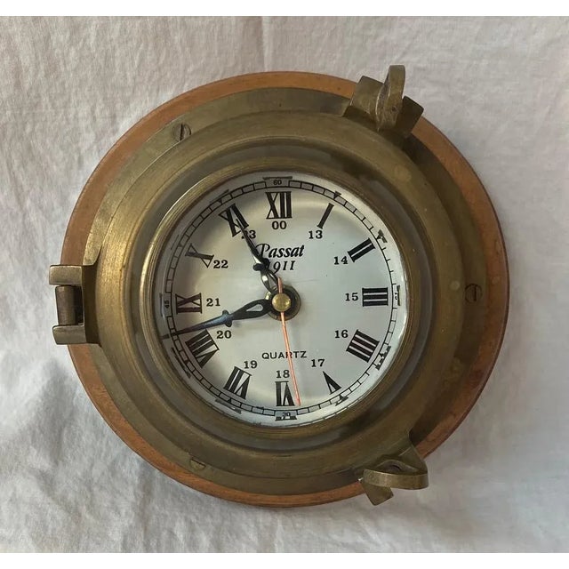 Brass Vintage Passat Ship Clock by Sarreid Metal on Wood Base. For Sale - Image 8 of 13