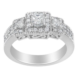 14K White Gold Round and Princess-Cut Diamond Three Stone Ring (1 Cttw, H-I Color, I1-I2 Clarity) - Size 8 For Sale