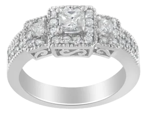 14K White Gold Round and Princess-Cut Diamond Three Stone Ring (1 Cttw, H-I Color, I1-I2 Clarity) - Size 8