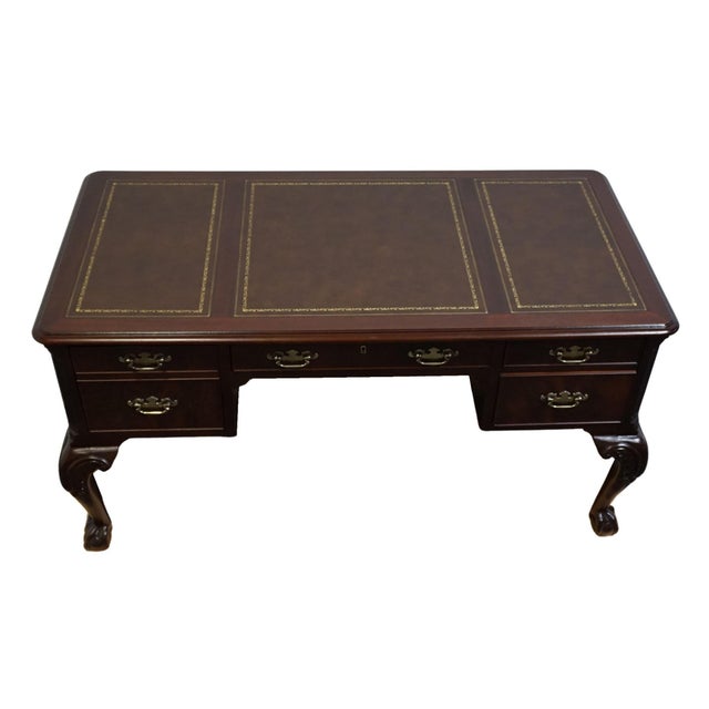 Hekman Furniture Solid Mahogany Traditional Chippendale Style 58" Writing Desk W. Tooled Leather Top For Sale - Image 9 of 12