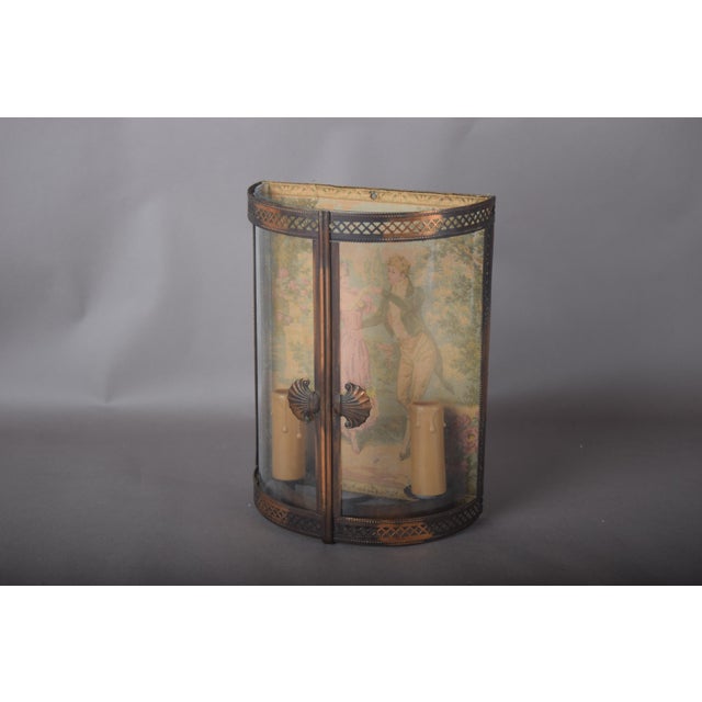 Brass Vitrine Wall Lamp with Curved Glass and Garden Scene Panel, 1950s For Sale - Image 3 of 7