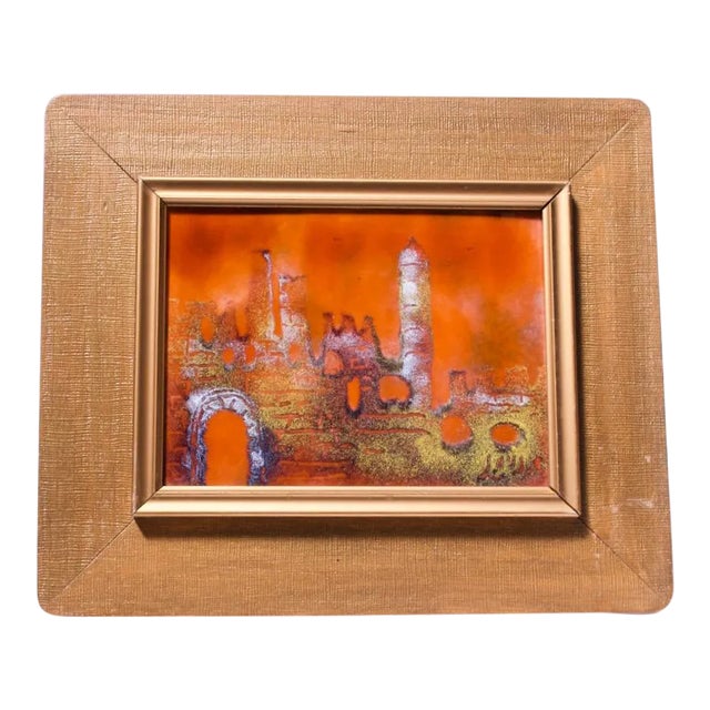 Mid-Century Israeli Enamel on Copper Cityscape For Sale