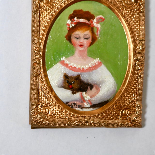 Metal Mid-Century Miniature Portrait of Young Woman With Dog Signed Austin in Pressed Filagree Metal Frame For Sale - Image 7 of 11