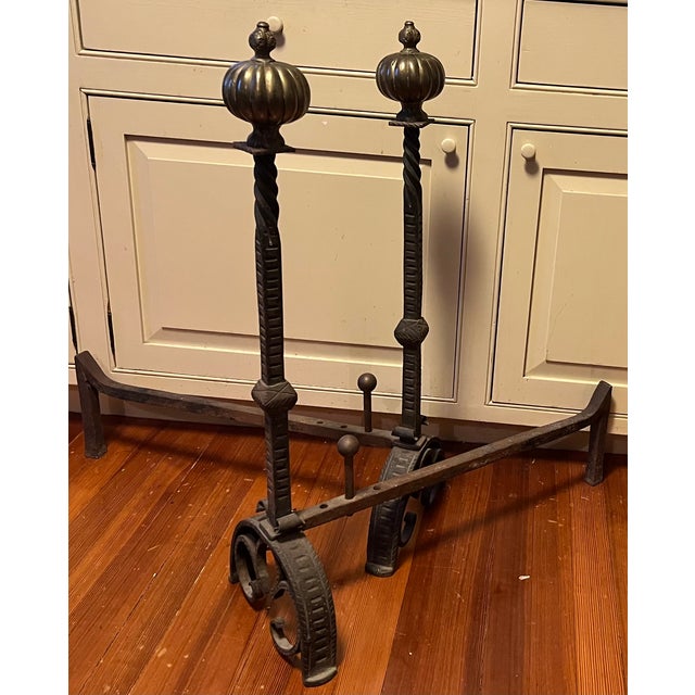 Very Large Antique 19th Century French Baroque Wrought Iron and Bronze Andirons With Gothic Tudor Arch for Limestone Fireplace Mantel For Sale - Image 15 of 15