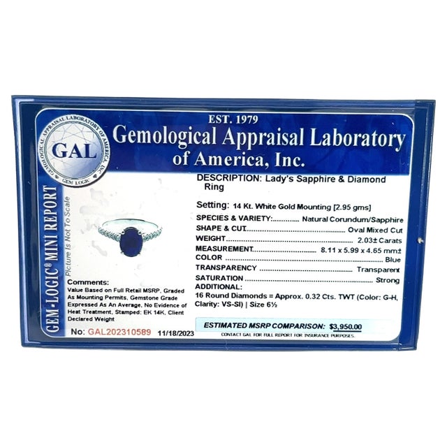 Natural Sapphire Diamond Ring 6.5 14k W Gold 2.35 TCW Certified For Sale - Image 13 of 13
