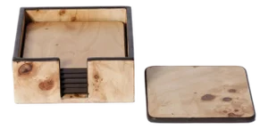 Valberg Burl Veneer Square Beverage Coasters with Holder, Set of 6