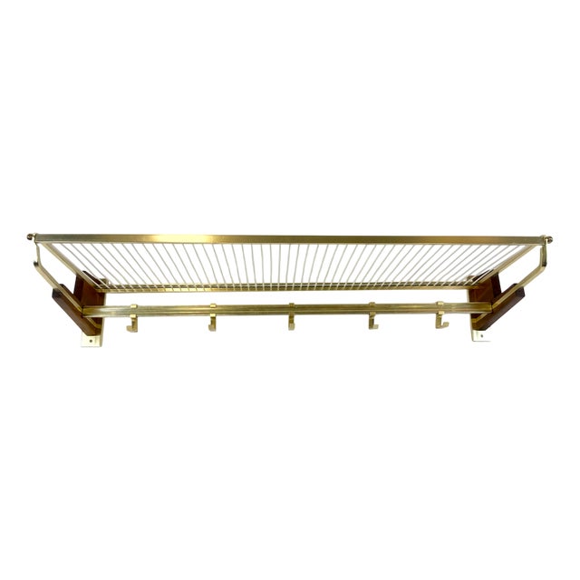 Mid-Century Teak and Brass Plated Coat Rack, 1960s For Sale