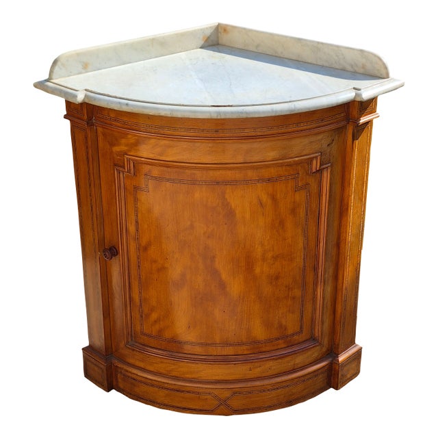 C. 1880 English Marble Top Satinwood Inlaid Corner Bowfront Washstand Cabinet For Sale