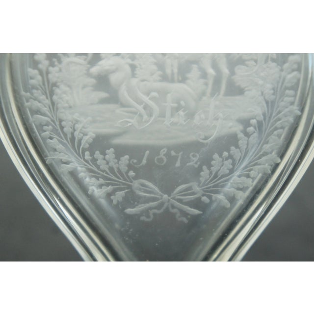 1872 Antique German Etched Glass Stag Deer Perfume Bottle Bud Vase For Sale - Image 9 of 11