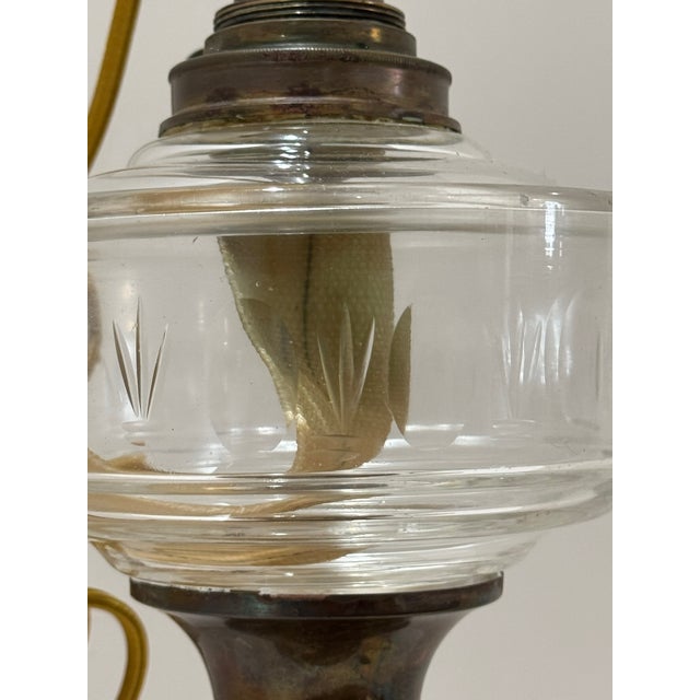 Mid 20th Century Mid 20th Century Brass and Glass Converted Kerosene Lamp With Silk Cord – Solid Heavy Base For Sale - Image 5 of 13