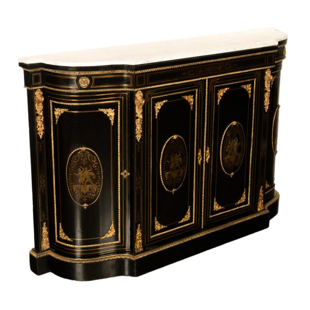 A splendid and extravagant 19th antique French ebonized and ormolu mounted marble top credenza sideboard cabinet, Napoleon...