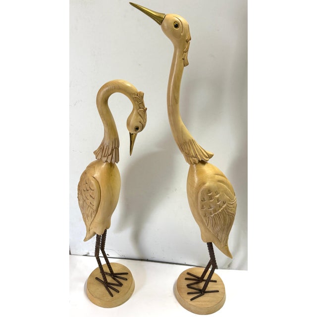 Pair Italian Hollywood Regency Carved Wood, Brass & Iron Heron Sculptures, C1980 For Sale - Image 4 of 11