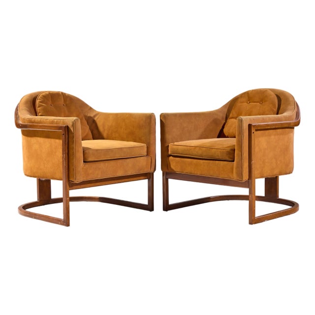 Harvey Probber Mid Century Walnut Barrel Lounge Chairs - Pair For Sale