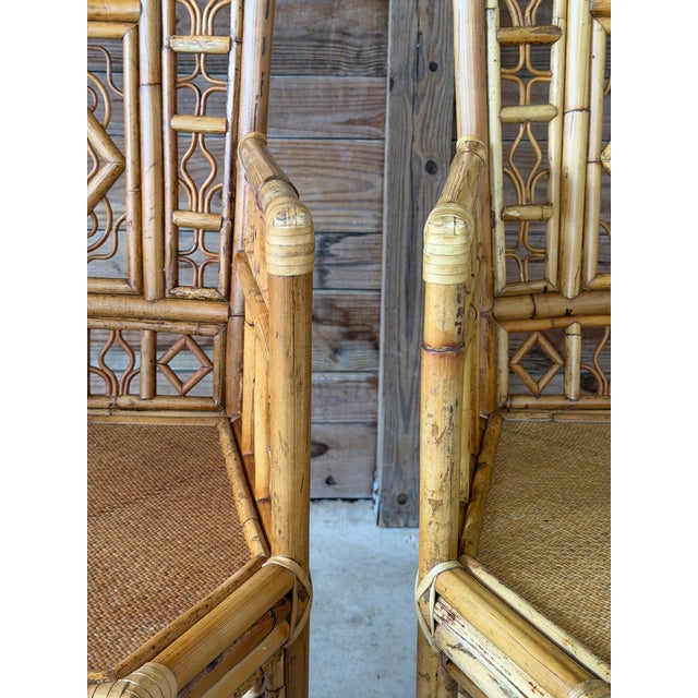 Wood Pair Vintage Brighton Pavilion Style High-Back Fretwork Bamboo Rattan Armchairs For Sale - Image 7 of 12