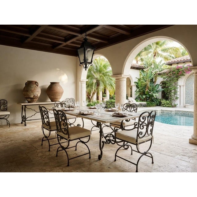 Metal Vintage Italian-Style Inlaid Marble Dining Table on Wrought Iron Scroll Base For Sale - Image 7 of 11