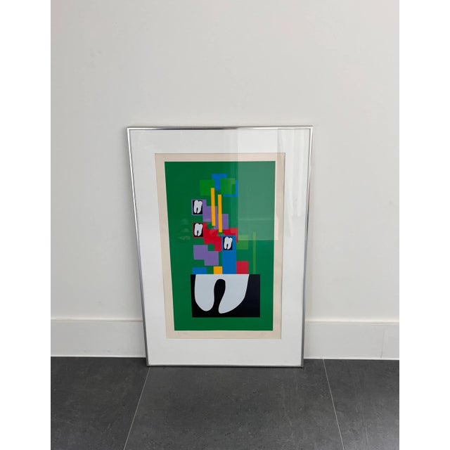 Vintage abstract serigraph screen print with brightly colored geometric shapes juxtaposition to organic white "teeth"...