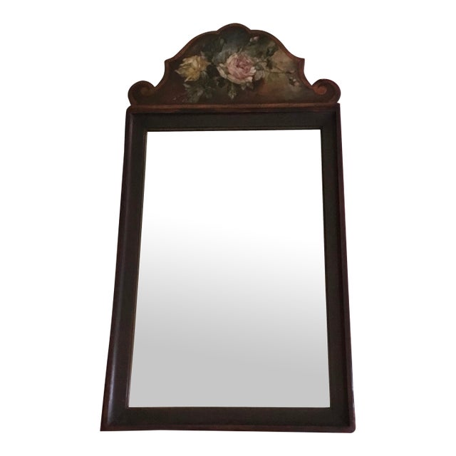 Vintage Hand-Painted Floral Mirror With Scalloped Crest | Romantic Cottage Wall Mirror | French Country Style For Sale
