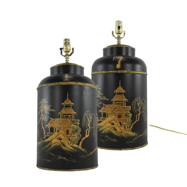 A Pair of Vintage English Export Chinoiserie Hexagonal Tea Caddies Table Lamps For Sale - Image 12 of 12