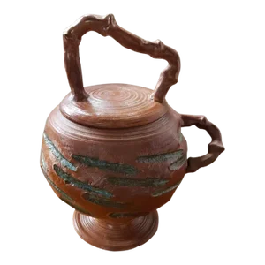 Mid 20th Century Art Pottery Footed Branch Form Handles Lidded Vessel