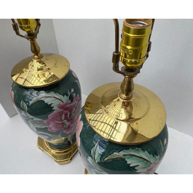 Vintage Chinoiserie Green Ceramic Floral Table Lamps With Brass Bases a Pair For Sale - Image 16 of 18