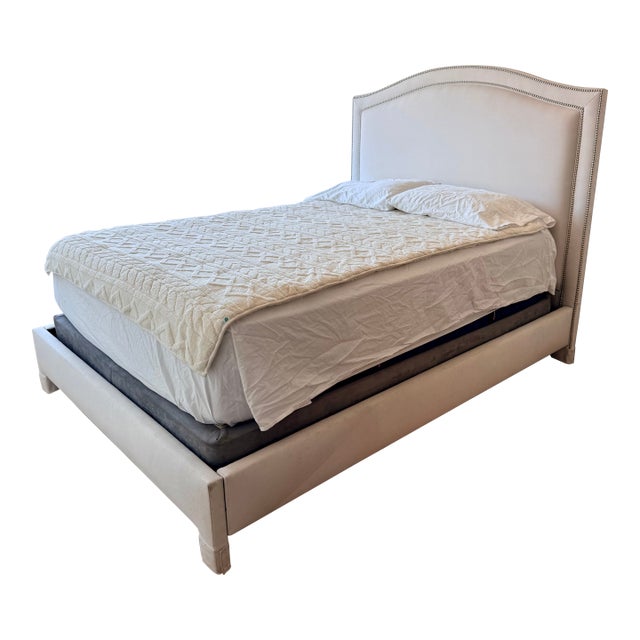 Ethan Allen Ivory Upholstered Queen Bed With Nailhead Trim For Sale
