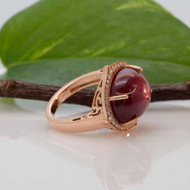 Metal 12Ct Star Ruby Ring With Natural Diamond Accents: Solid 14k Gold, Size 6.75 For Sale - Image 7 of 9