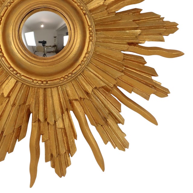 Vintage Convex Sunburst Mirror in Gilt Wood, 1950s For Sale - Image 6 of 17