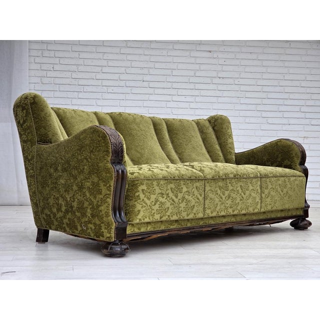 1960s, Danish 3-seater sofa. Furniture velour, carved oak wood, brass springs in the seat. Original very good condition:...