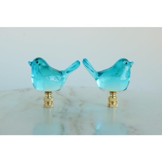 Glass Bluebird Lamp Finial on Brass Hardware - A Pair For Sale - Image 9 of 11