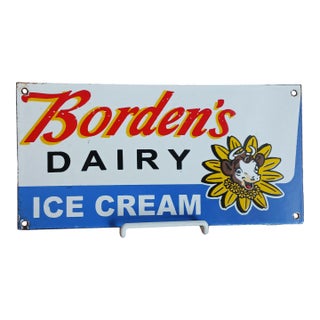 Vintage Borden's Ice Cream Porcelain Enamel Sign Dairy 12 X 6 In. Authenticity Guarentee For Sale