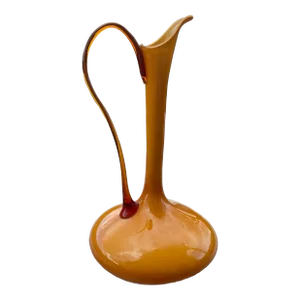 Mid Century Elegant Empoli Pitcher With Cased Glass and Clear Amber Handle