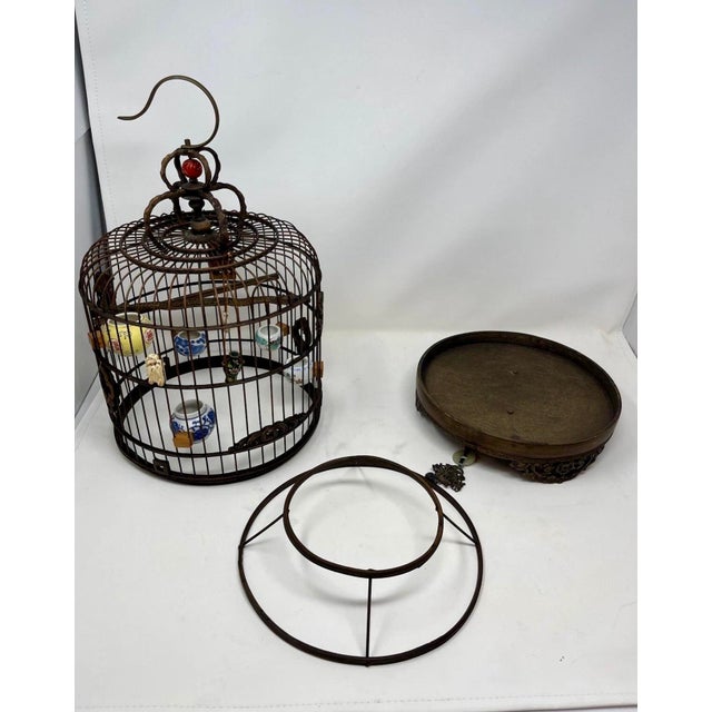 19th C Chinese Bamboo Birdcage Fully Ornamented, Hand Carved Dragon Perch. For Sale - Image 11 of 11