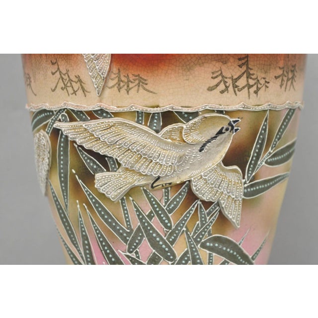 Antique Japanese Heavy Moriage Hand Painted Porcelain Oriental Bird Satsuma Vase For Sale In Philadelphia - Image 6 of 16