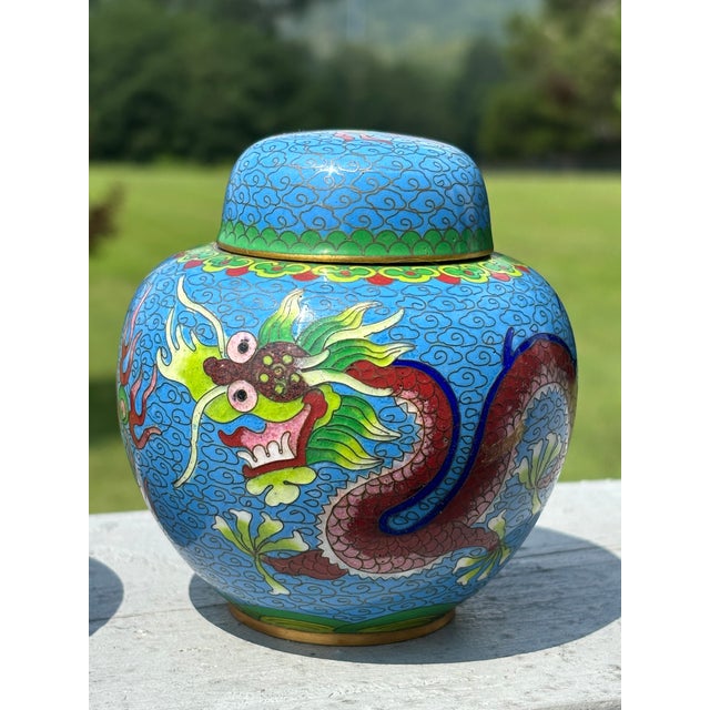 A Chinoiserie pair! Beautiful and immaculate Mid-Century Cloisonné Ginger Jars. 4" tall and 4" diameter at the widest -...