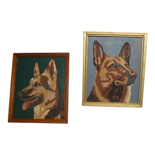 1953 Portraits of German Shepherds Acrylic Paintings, Framed - a Pair For Sale