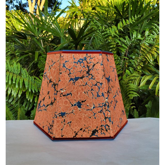 Large Marbled Paper Lampshade Burnt Orange Blue Cream Black Rust Hexagon For Sale - Image 11 of 11