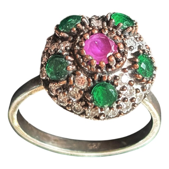 Vintage Natural Ruby, Emerald & Diamond Ring - 925 Sterling Silver Size 7 Jaipur For Sale