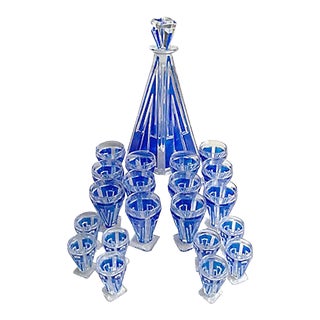 Vintage French Art Deco Cobalt Decanter & Glassware, Set of 21 For Sale