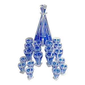 Vintage French Art Deco Cobalt Decanter & Glassware, Set of 21