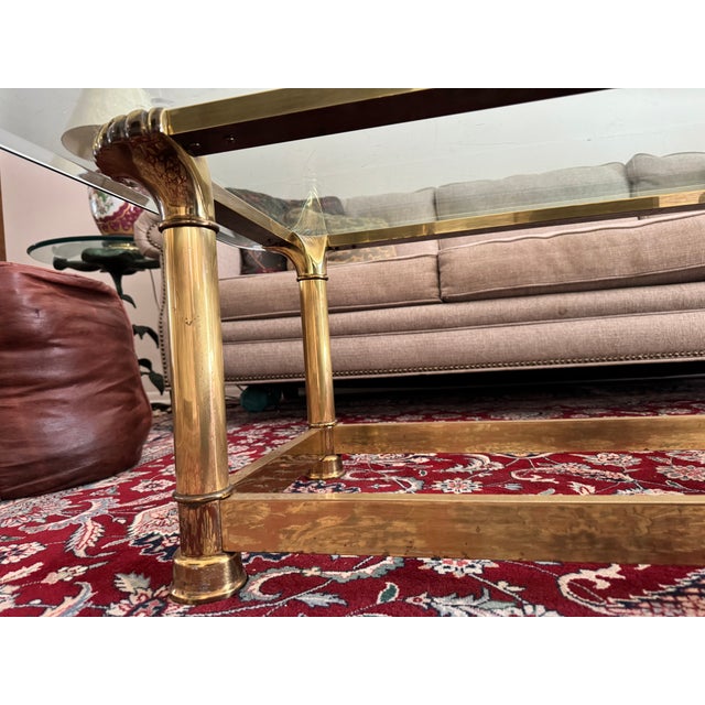 Metal VTG Attributed Mastercraft Brass Glass Coffee Table Gold Hollywood Regency MCM Cocktail Table For Sale - Image 7 of 8
