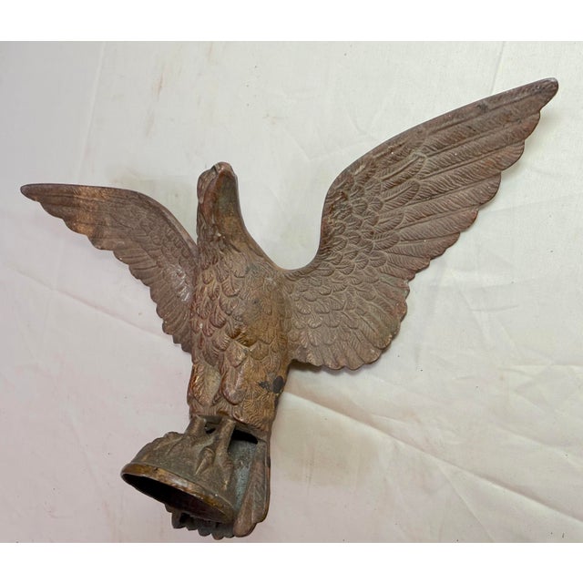 Antique Solid Brass Bronze Open Winged American Eagle Bird Heavy Flag Finial For Sale - Image 4 of 13