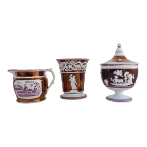 Antique 1830's Staffordshire Sunderland English Copper and Pink Lusterware Sugar Bowl, Lid, Jug, Planter- 3 Piece Matching Set