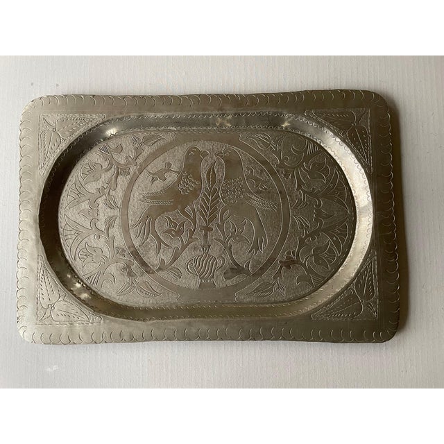 Silver Oriental Silver-Plated Copper Tray For Sale - Image 8 of 8
